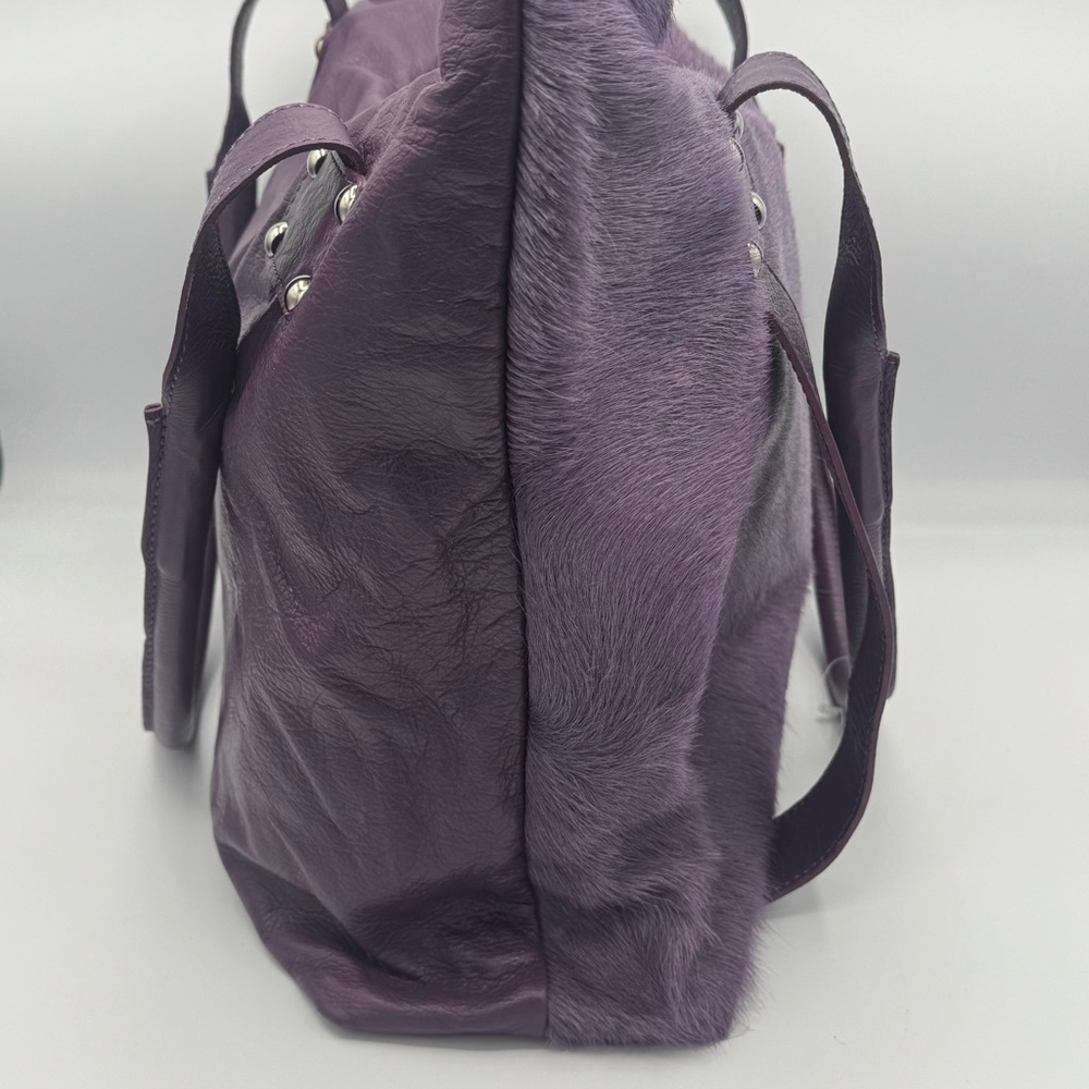 Innue Made in Italy Genuine Leather Calf Hair Plum Purple Tote Bag - Picture 5 of 9